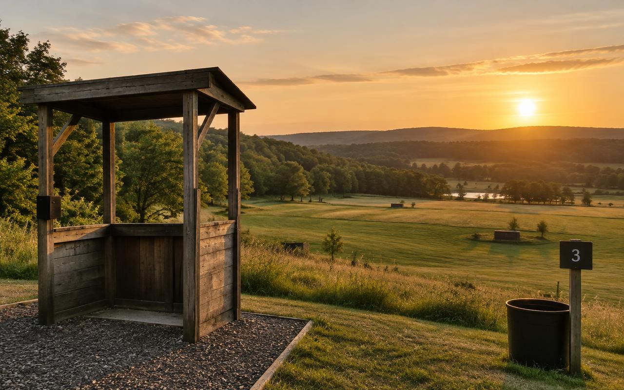 Shooting stand overlooking open fields at sunset